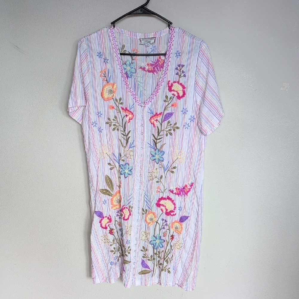 Johnny Was Nila Easy Breezy tunic in Stripe Floral Embroidered Mini Dress - Picture 2 of 11